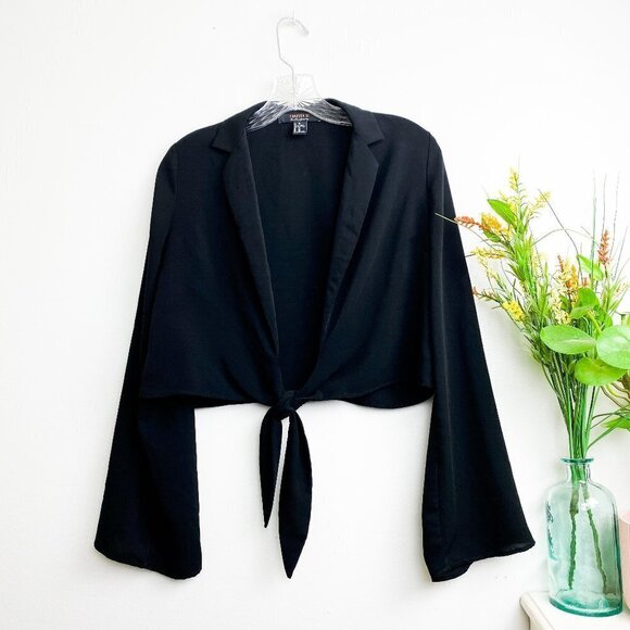 🦋 FOREVER 21 Black Front Chiffon Wrap Top XS Lapel Going Out Crop - Picture 2 of 4